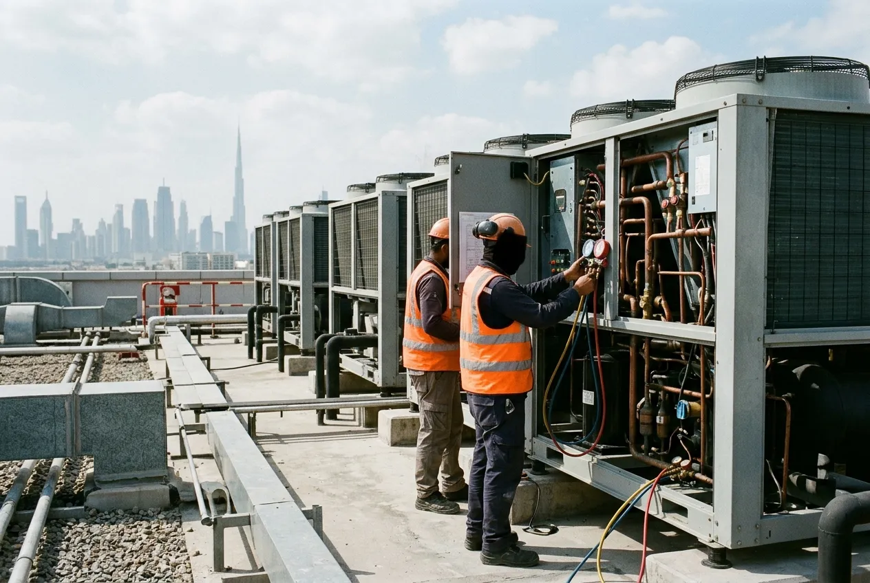 Technicians servicing rooftop chiller units (illustrative image, not an FFM site)