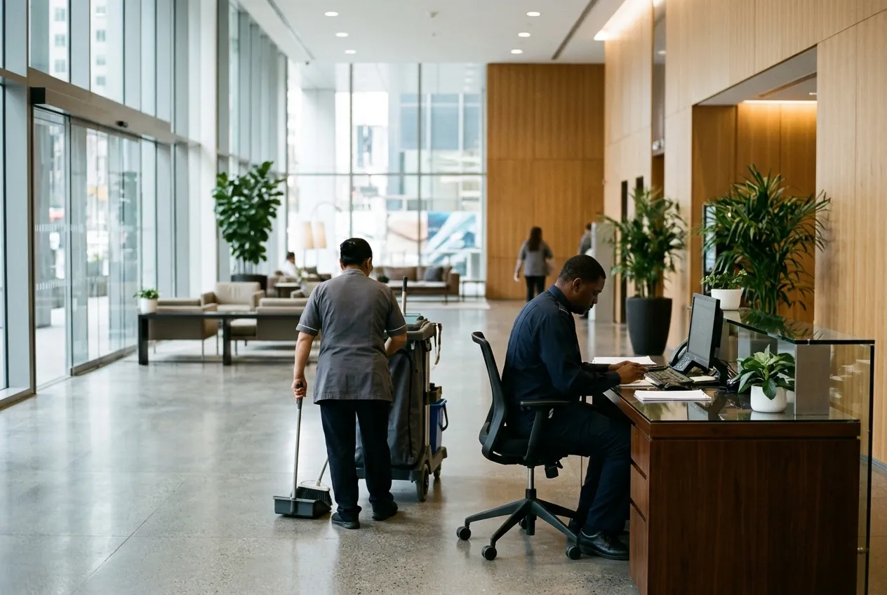 Cleaner with trolley and security guard at a tower reception (illustrative image, not an FFM site)