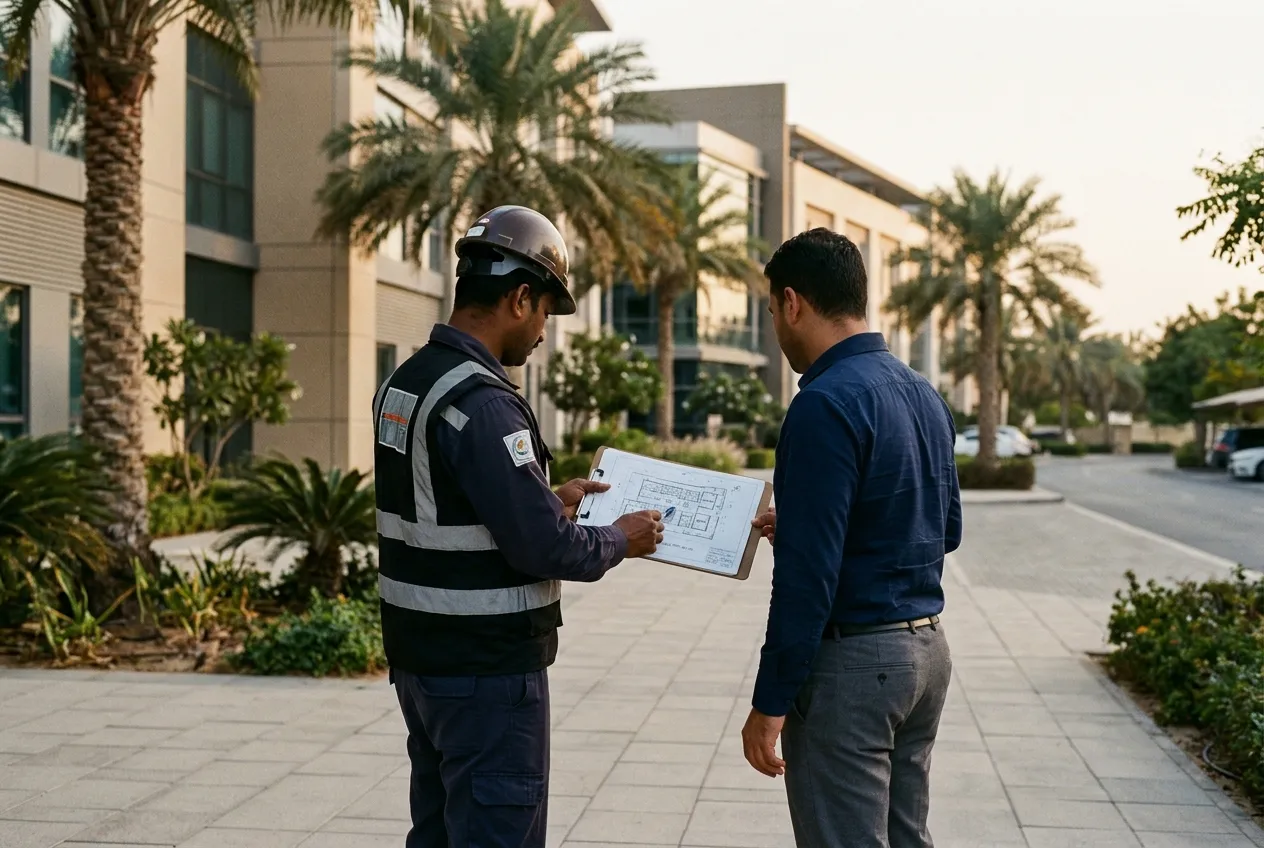 Facilities supervisor and client reviewing a site plan outside a business-park building — illustrative image, not FFM staff