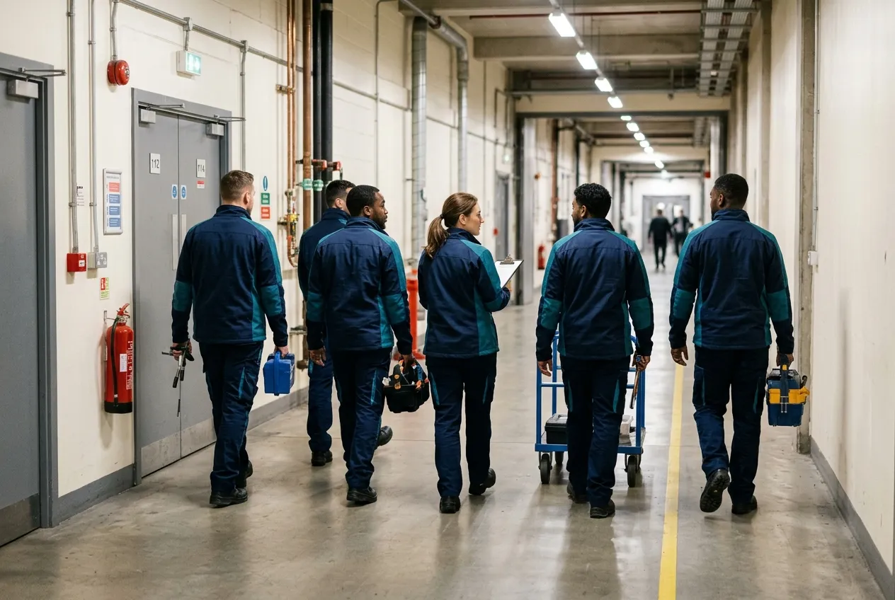 Uniformed facilities team walking a service corridor — illustrative image, not FFM staff