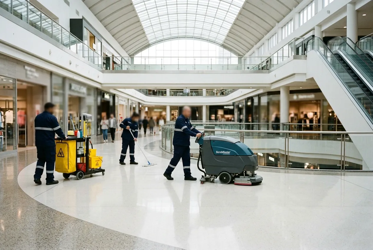 Commercial cleaning team with a scrubber-drier in a mall atrium — illustrative image, not FFM staff