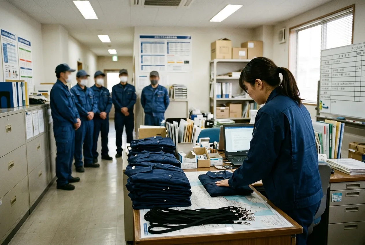 Operations coordinator preparing uniforms and lanyards for a deployment — illustrative image, not FFM staff