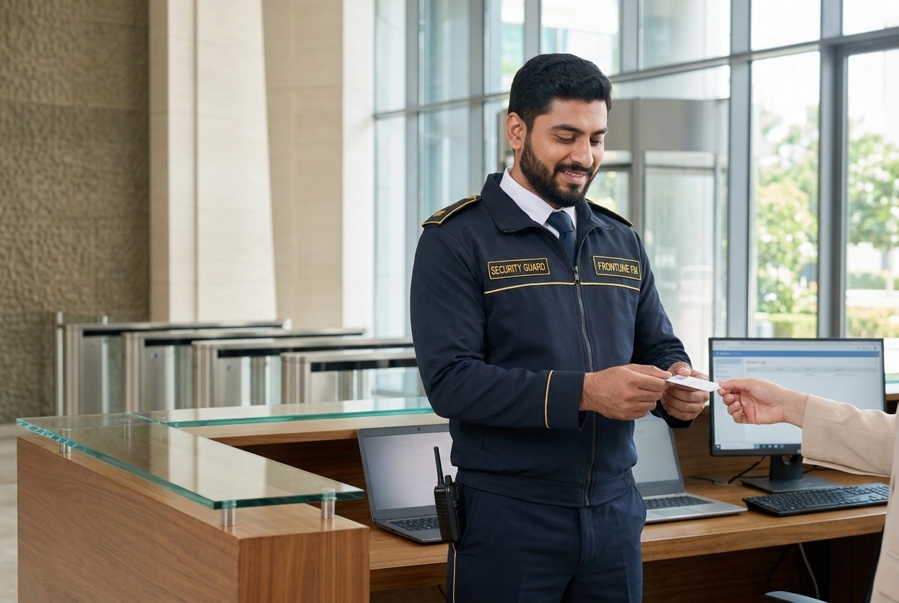 Frontline FM security guard verifying a visitor pass at an access-control desk.