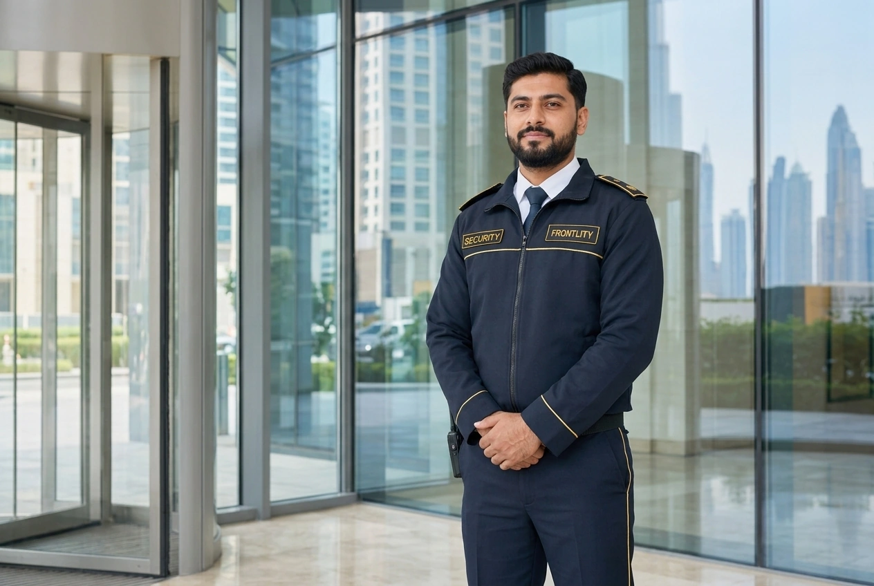 Frontline FM security guard at a premium commercial office tower entrance in the UAE.