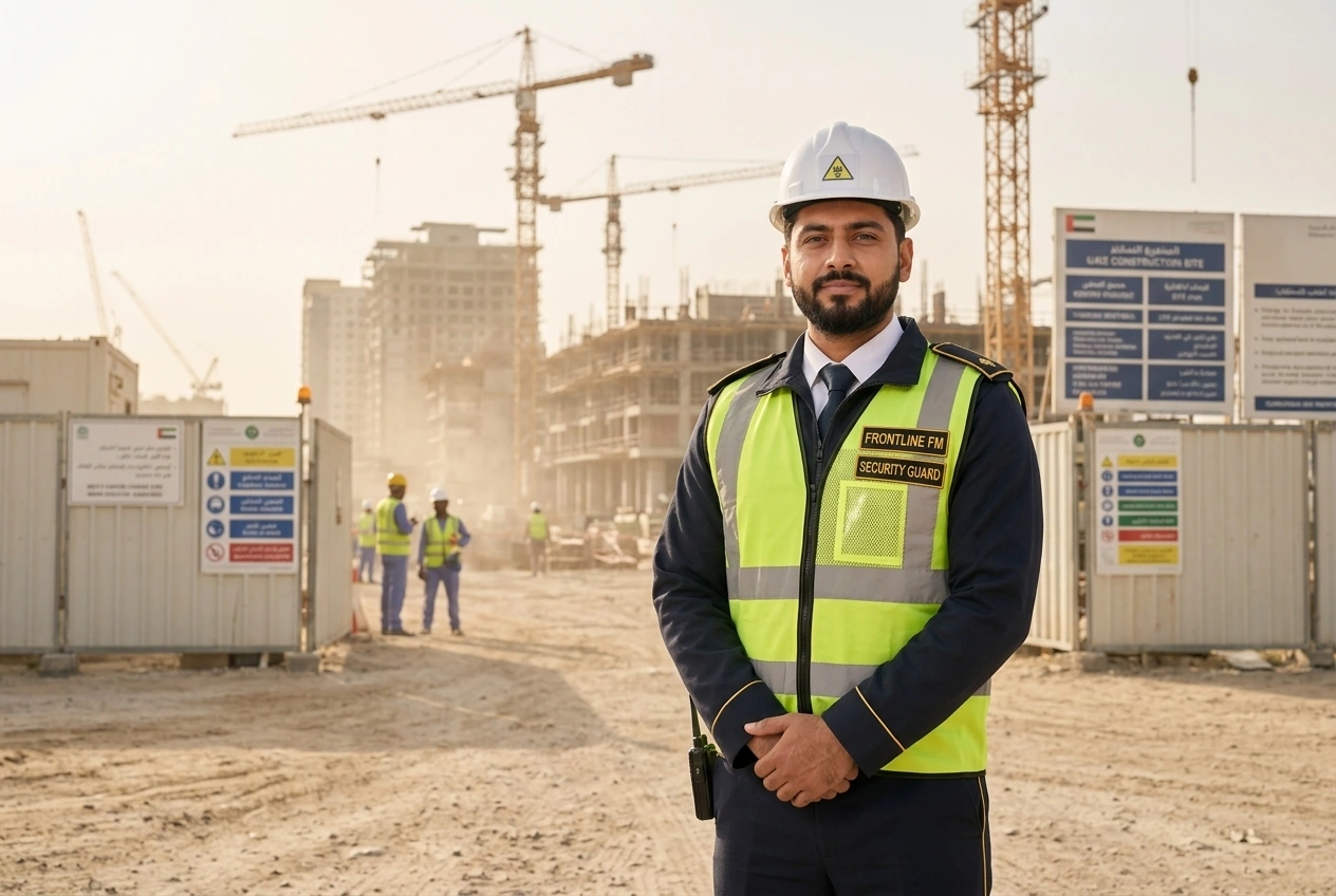 Frontline FM security guard at a UAE construction site wearing helmet and hi-vis vest.