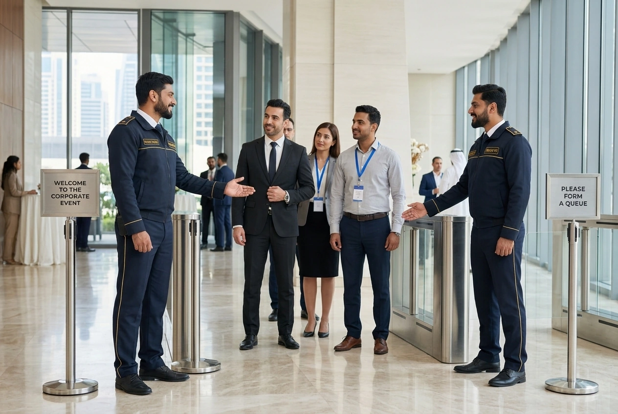 Frontline FM security guards managing guest entry at a UAE corporate event.