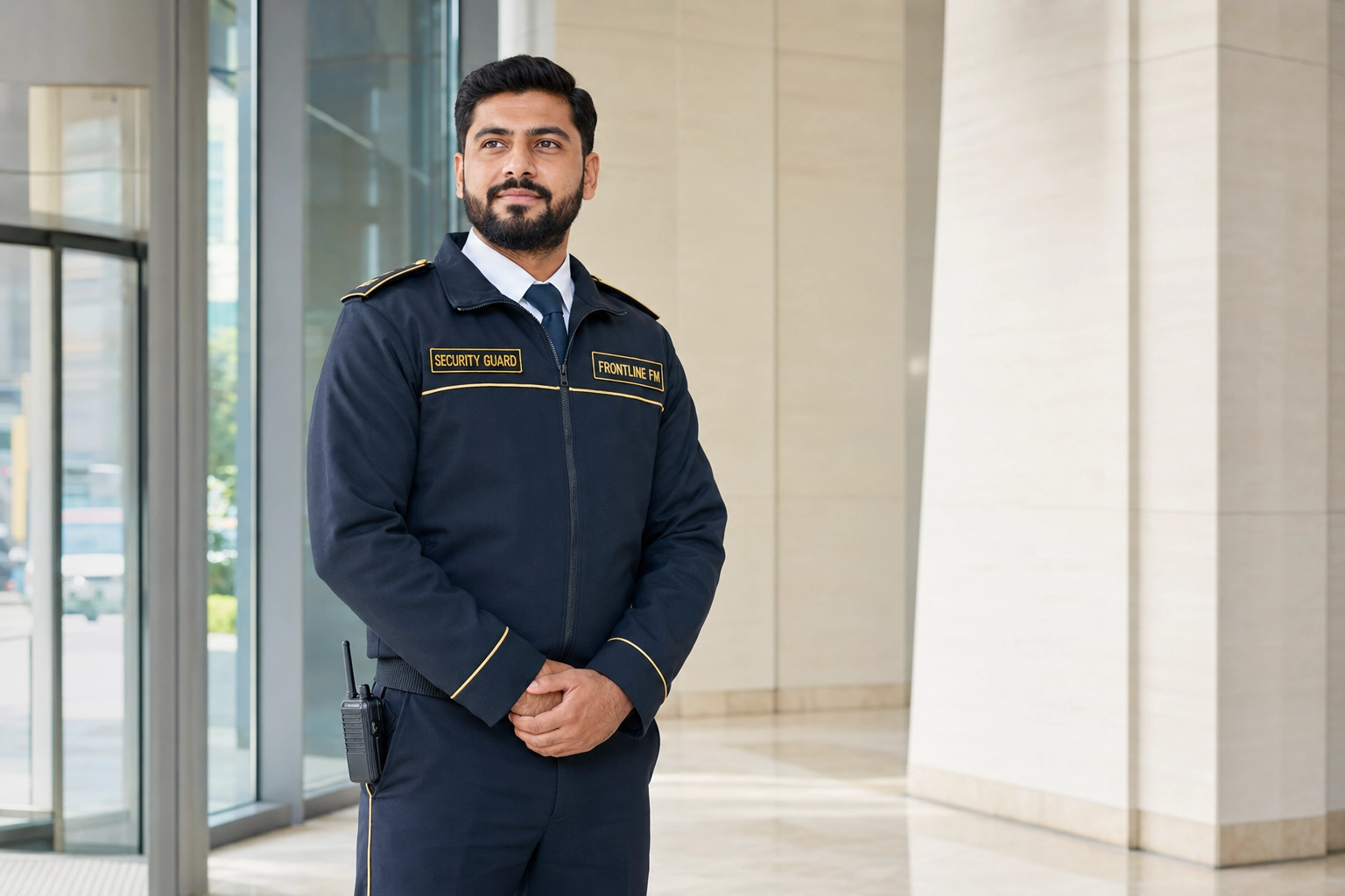 Frontline FM security guard in uniform with FRONTLINE FM and SECURITY GUARD chest patches at a commercial property entrance.
