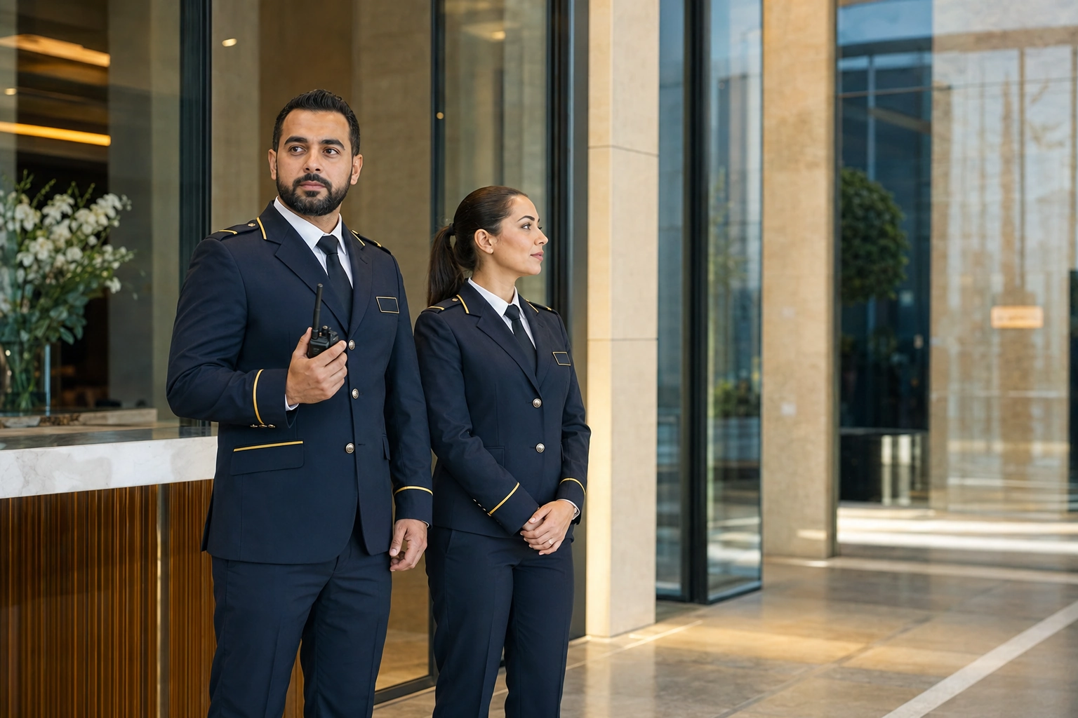 Two Frontline FM security guards in uniform at a commercial property entrance in the UAE.