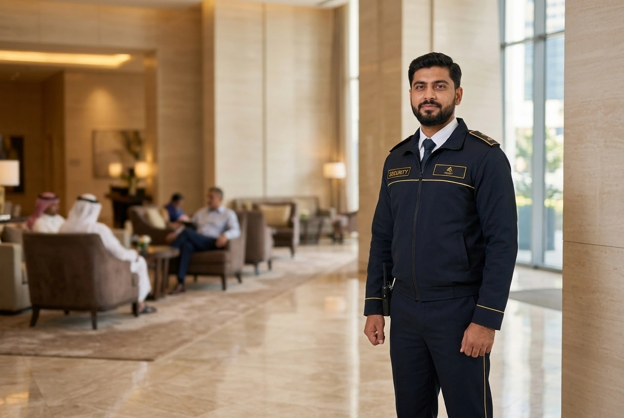 Frontline FM security guard in the marble lobby of a UAE hotel.