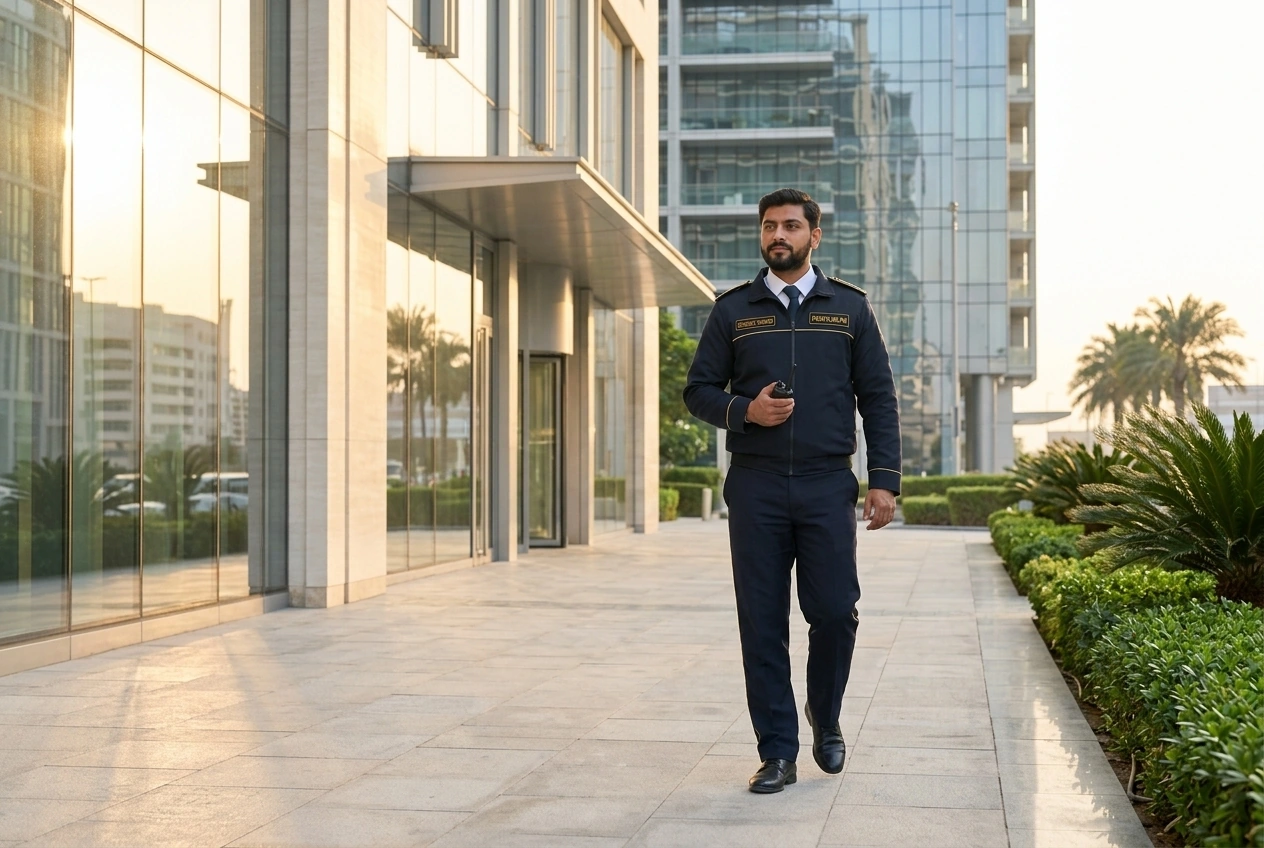 Frontline FM security guard on a routine external patrol around a UAE commercial property.
