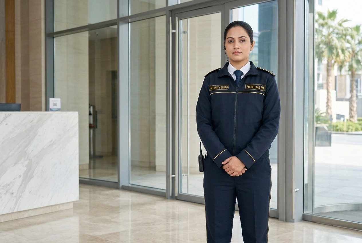 Frontline FM security guard at a modern UAE residential-community gate.