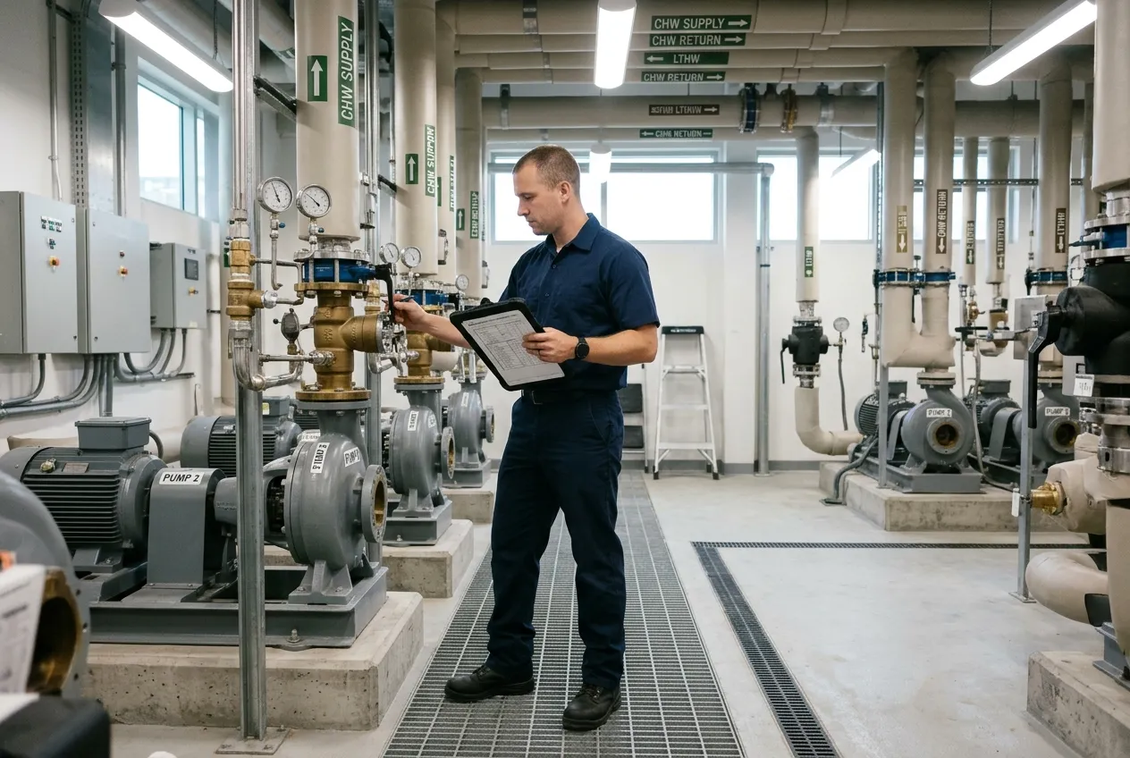 Technician inspecting plant-room equipment with a tablet — illustrative image, not an FFM site