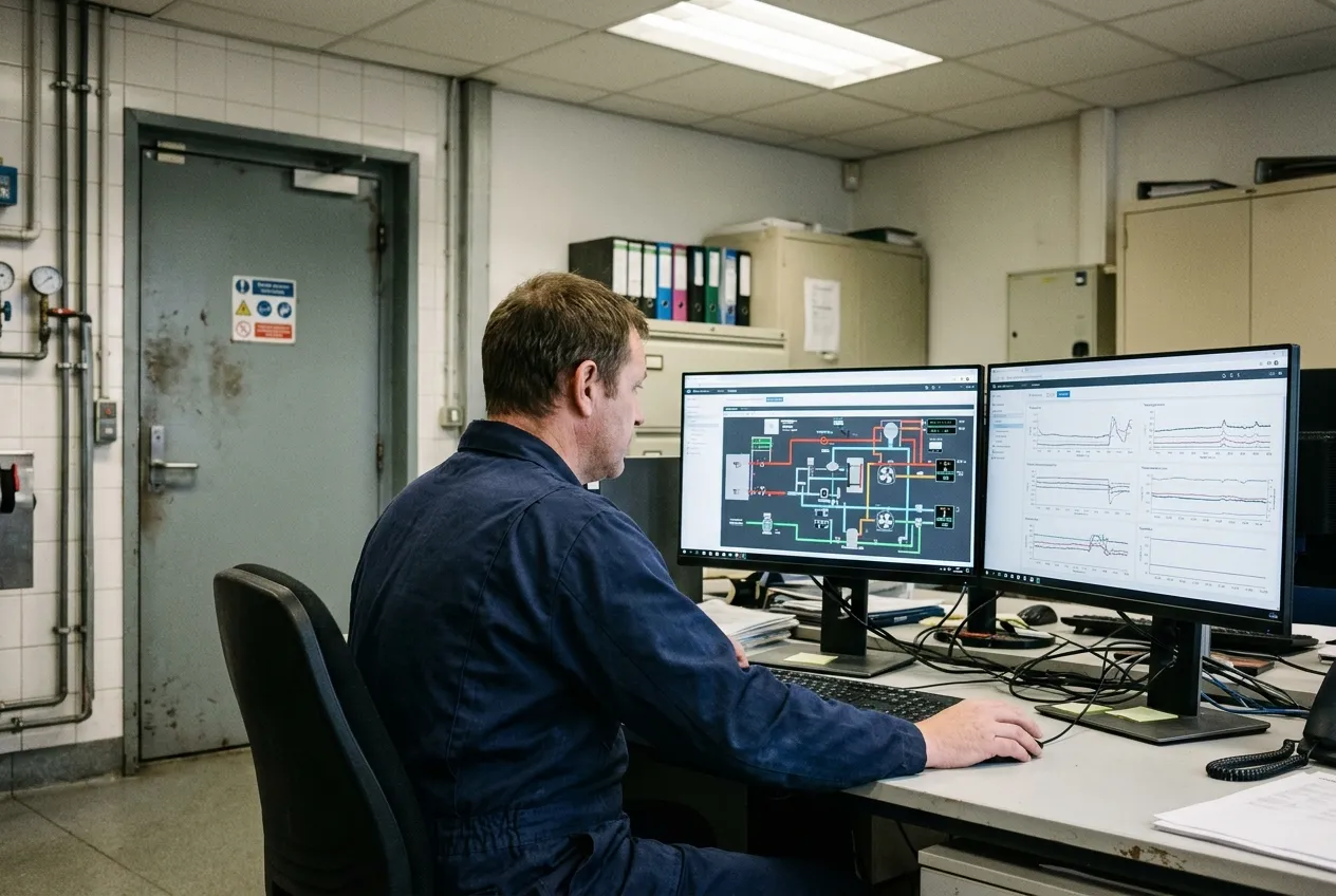 Operator reviewing a building-management-system dashboard on two monitors — illustrative image, not an FFM site