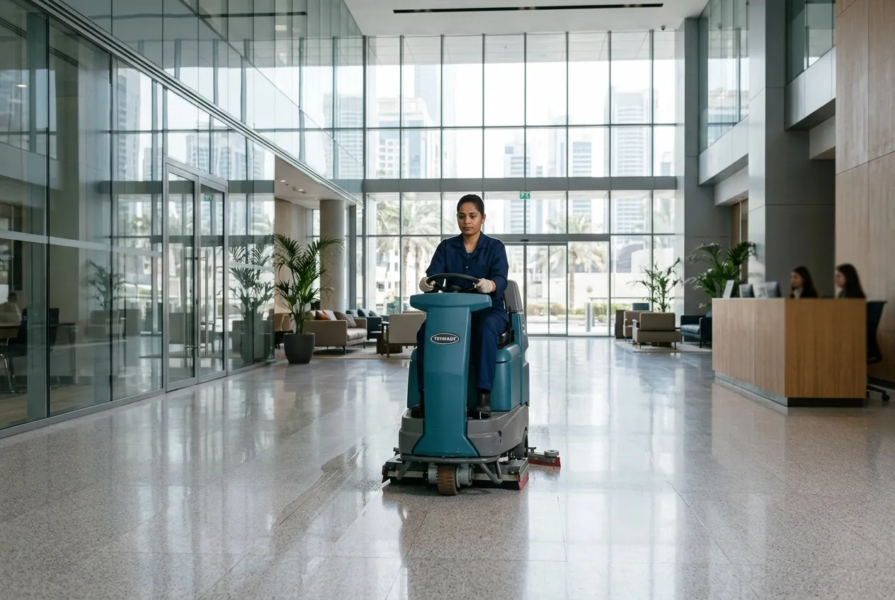 Operative running a floor scrubber across an office lobby — illustrative image, not an FFM site