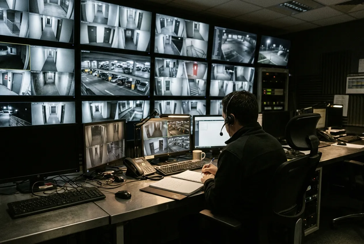 Operator at a desk in front of a wall of CCTV monitors — illustrative image, not an FFM site