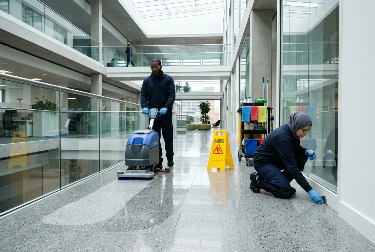 Deep-cleaning team: one operative on a walk-behind scrubber-drier, a colleague cleaning the floor edges, wet-floor sign and cart nearby — AI-generated illustrative scene, not FFM staff