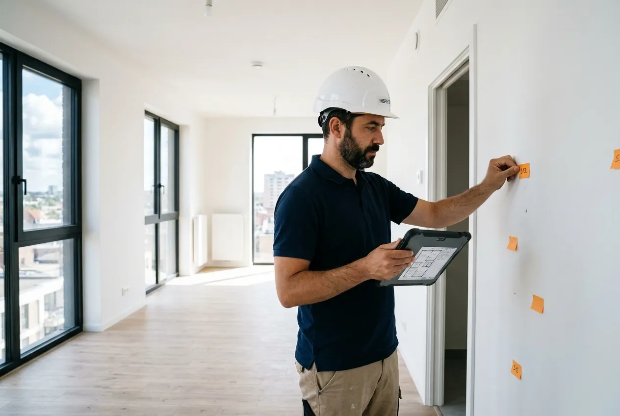 Inspector marking snags in a newly completed unit — illustrative image, not an FFM site