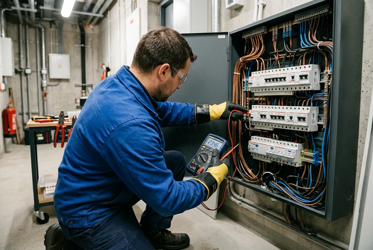Electrician testing a low-voltage distribution board with a multimeter — illustrative image, not an FFM site