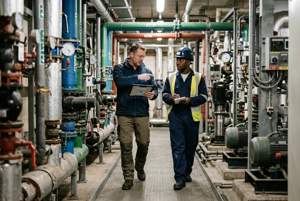 Facilities manager with a tablet walking a plant room with a technician — illustrative image, not an FFM site