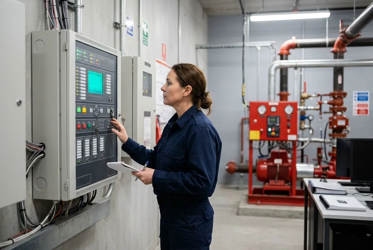 Technician observing a fire-alarm control panel — illustrative image, not an FFM site
