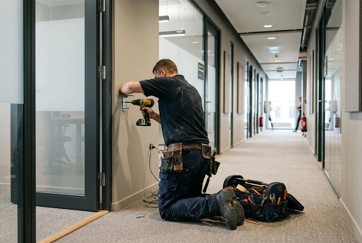 Handyman drilling a wall bracket beside an office door — illustrative image, not an FFM site