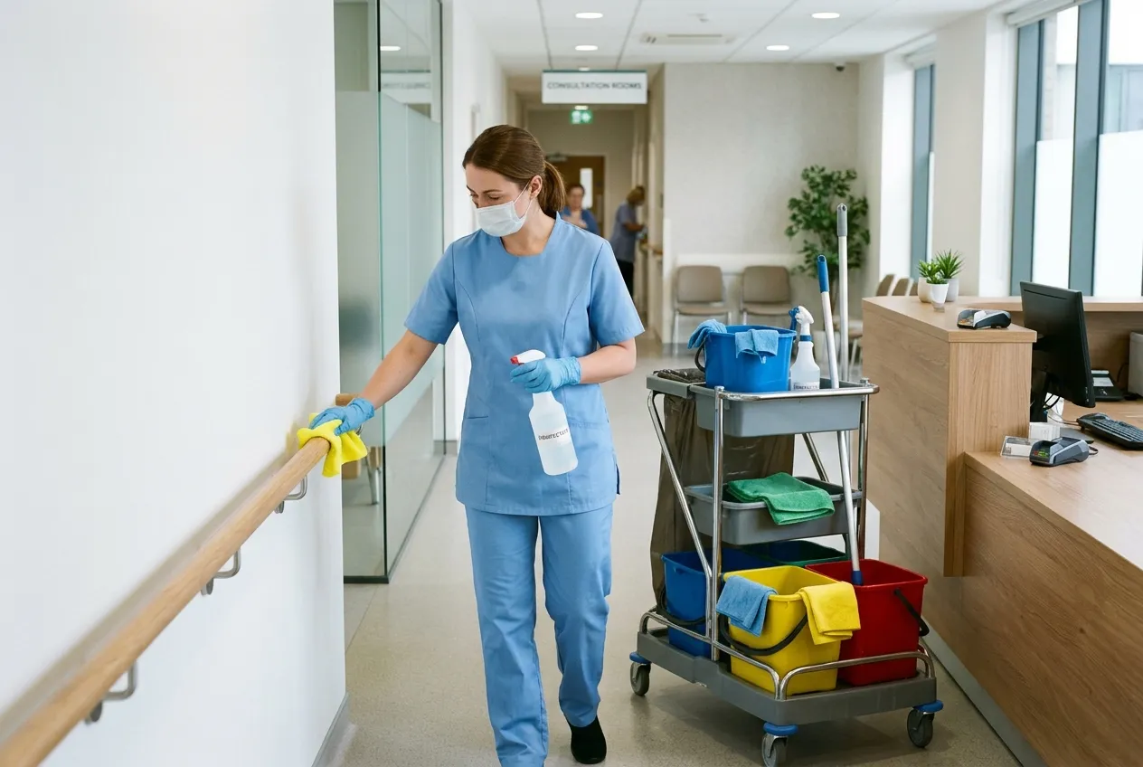 Operative disinfecting a clinic corridor — illustrative image, not an FFM site