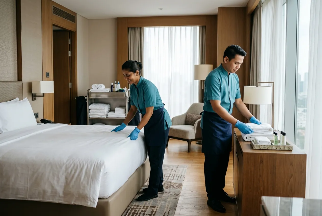 Two housekeeping staff preparing a hotel room — one making the bed, one arranging towels and amenities — AI-generated illustrative scene, not FFM staff