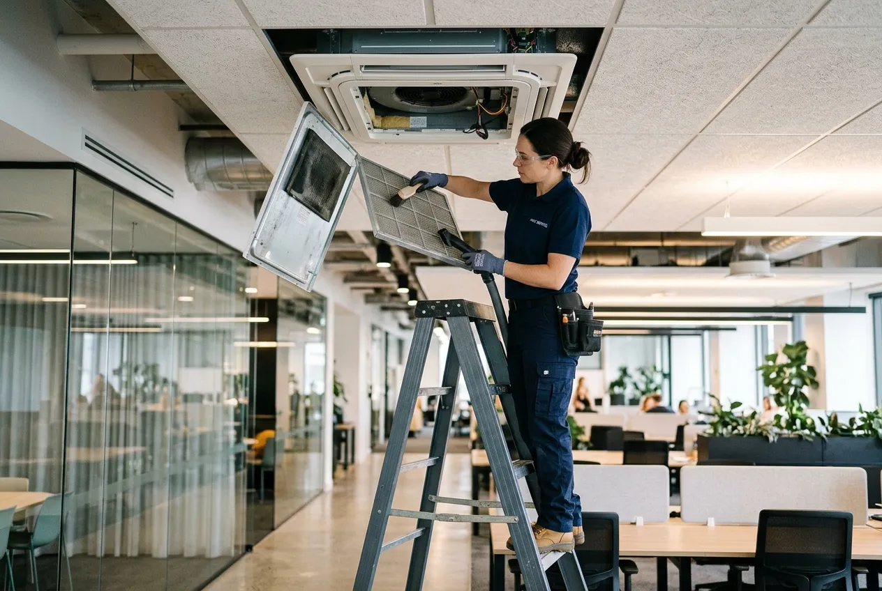 Technician servicing a ceiling fan-coil unit — illustrative image, not an FFM site