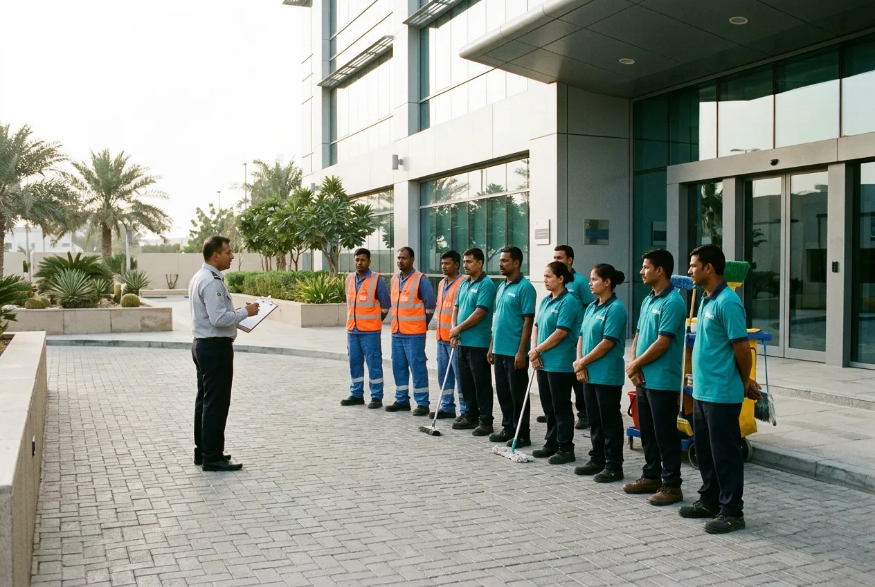 Supervisor briefing a line of uniformed cleaners and technicians before a shift — illustrative image, not an FFM site