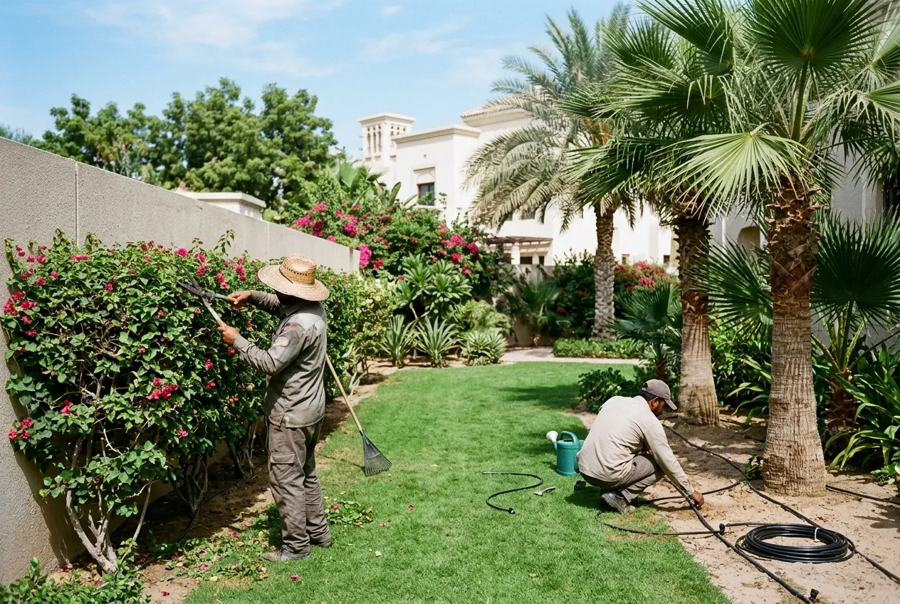 Landscapers trimming a hedge and adjusting drip irrigation in a villa garden — illustrative image, not an FFM site