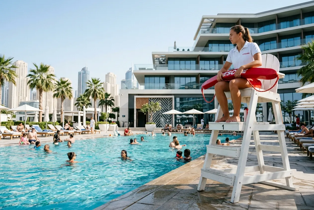 Lifeguard on an elevated chair supervising a swimming pool — illustrative image, not an FFM site
