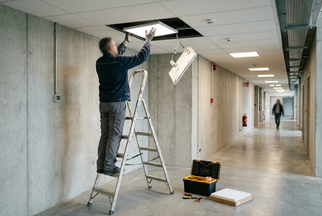 Technician on a step ladder replacing a ceiling LED panel in a corridor — illustrative image, not an FFM site