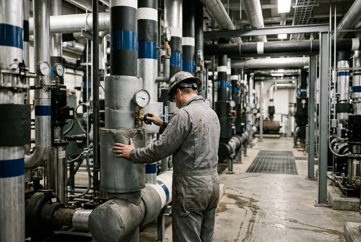 MEP technician adjusting a valve on insulated chilled-water pipework — illustrative image, not an FFM site