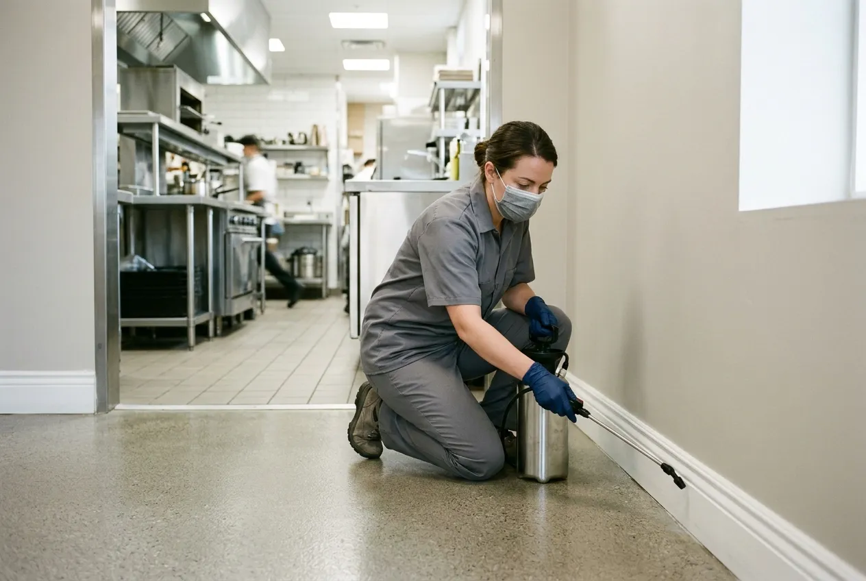 Pest-control technician treating skirting boards — illustrative image, not an FFM site