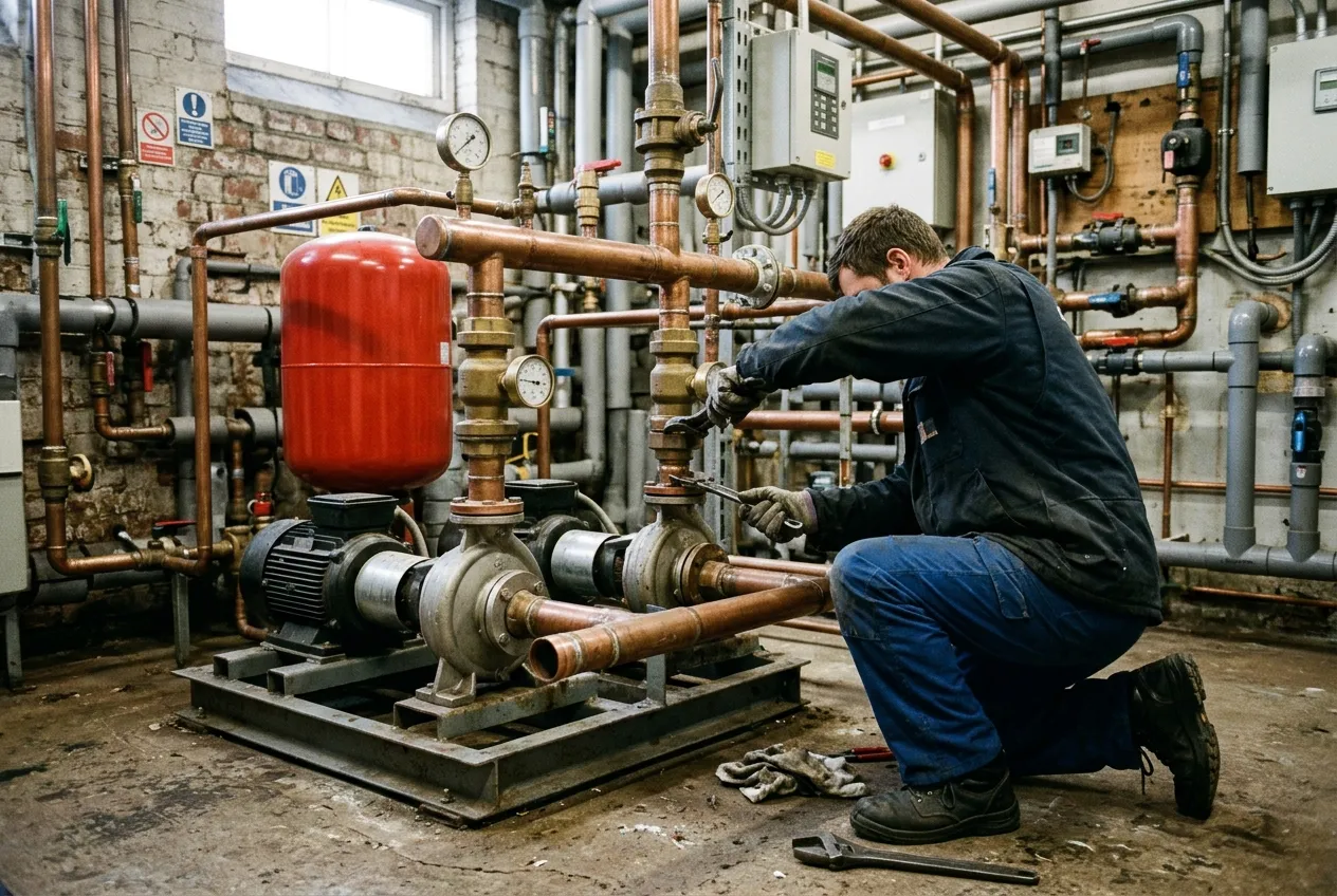 Plumber tightening a pipe union on a booster pump set — illustrative image, not an FFM site