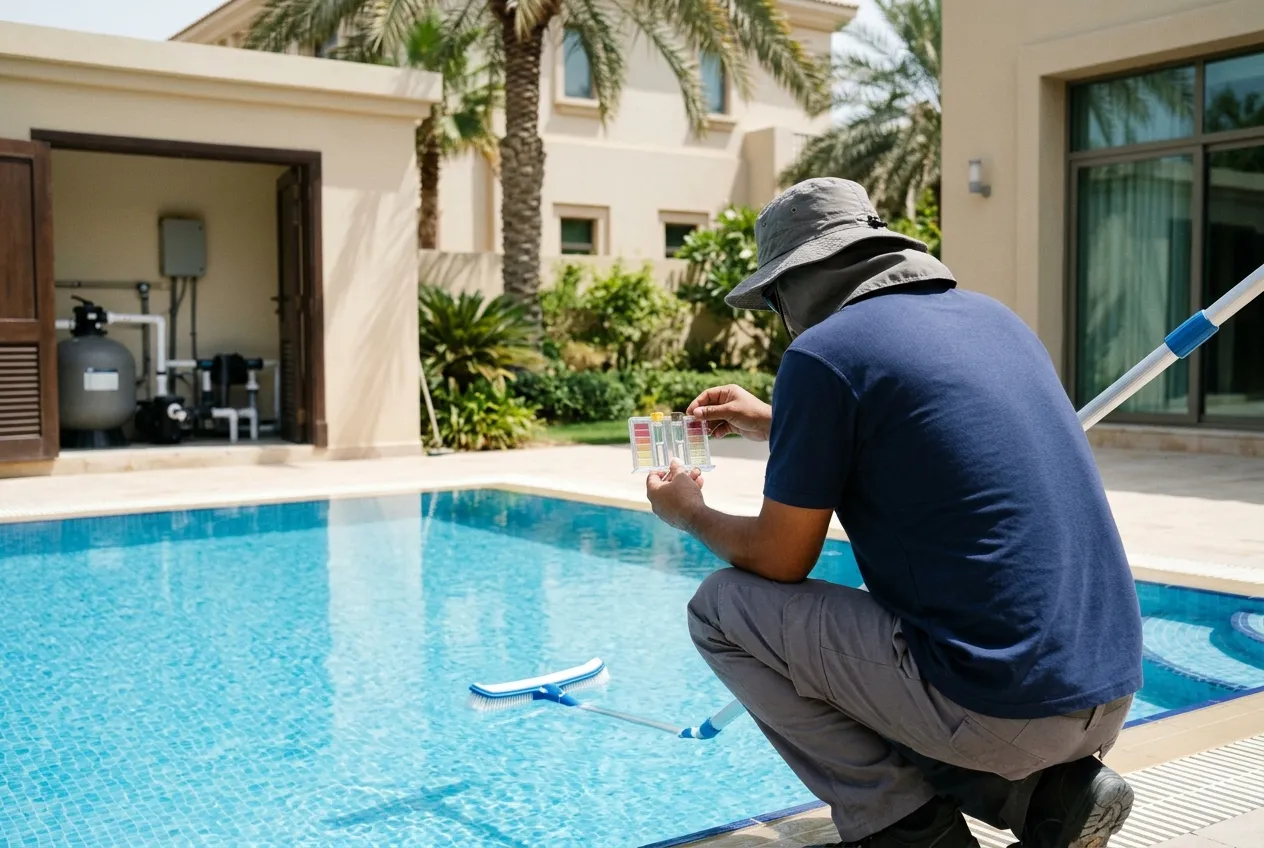 Pool technician testing water at the pool edge with a vacuum pole in the water — illustrative image, not an FFM site