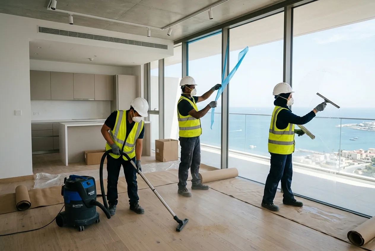 Handover cleaning crew in PPE removing protective film, squeegeeing glazing and vacuuming construction dust in a newly completed apartment — AI-generated illustrative scene, not FFM staff