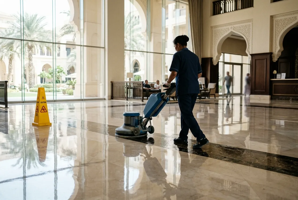 Operative guiding a rotary burnisher across a polished marble lobby floor — illustrative image, not an FFM site