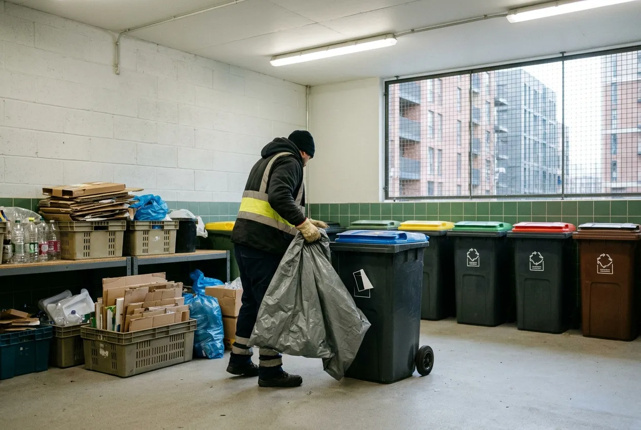 Operative sorting recyclables into colour-coded bins in a tower bin store — illustrative image, not an FFM site