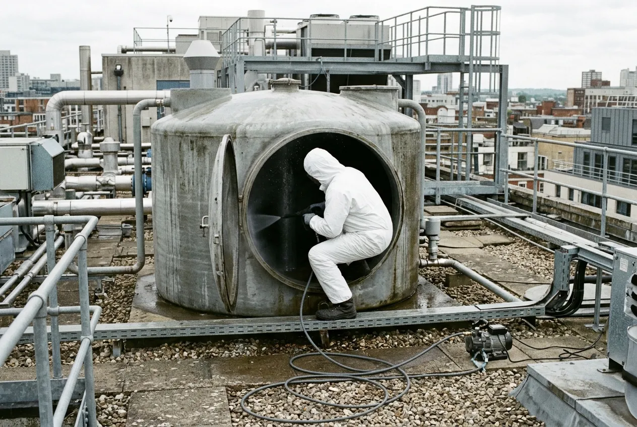 Operative in protective suit pressure-washing the inside of a rooftop water tank — illustrative image, not an FFM site